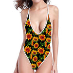 Black Autumn Sunflower Pattern Print High Cut One Piece Swimsuit