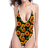 Black Autumn Sunflower Pattern Print High Cut One Piece Swimsuit