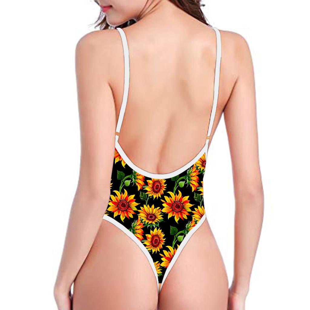 Black Autumn Sunflower Pattern Print High Cut One Piece Swimsuit