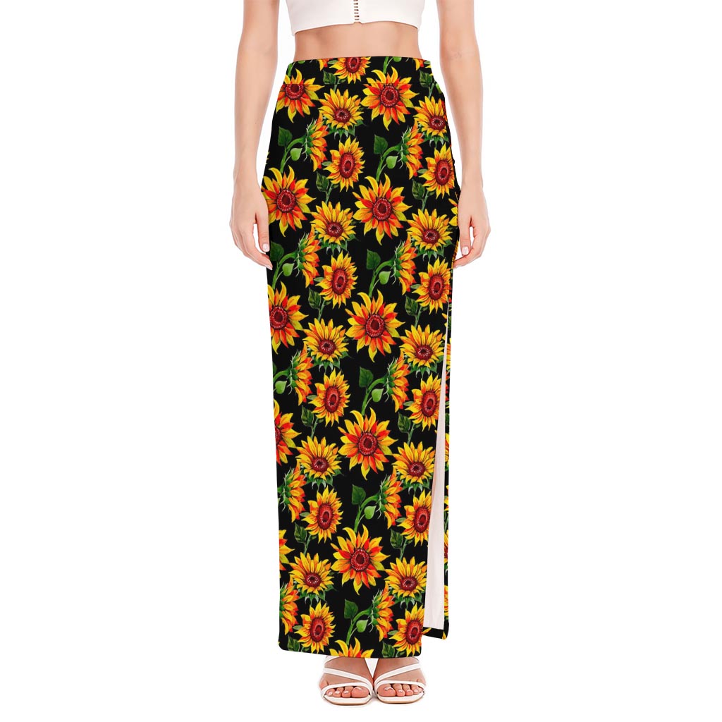 Black Autumn Sunflower Pattern Print High Slit Maxi Skirt