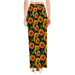 Black Autumn Sunflower Pattern Print High Slit Maxi Skirt