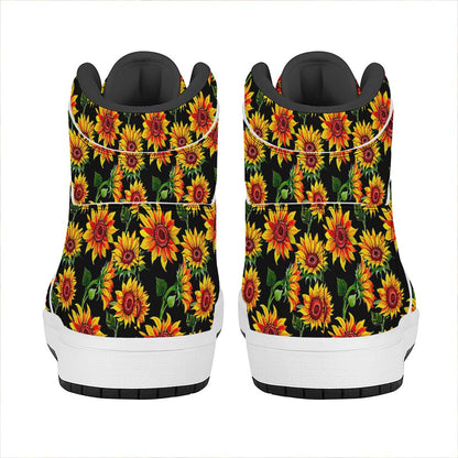 Black Autumn Sunflower Pattern Print High Top Leather Sneakers