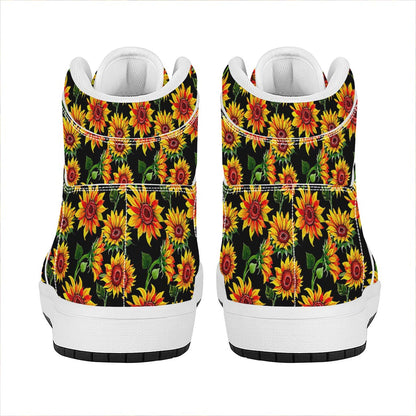 Black Autumn Sunflower Pattern Print High Top Leather Sneakers