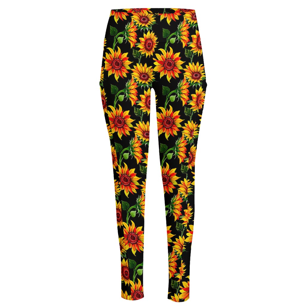 Black Autumn Sunflower Pattern Print High-Waisted Pocket Leggings