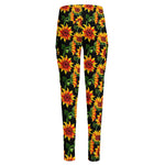 Black Autumn Sunflower Pattern Print High-Waisted Pocket Leggings