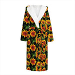 Black Autumn Sunflower Pattern Print Hooded Bathrobe