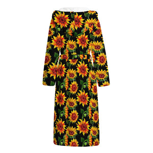 Black Autumn Sunflower Pattern Print Hooded Bathrobe