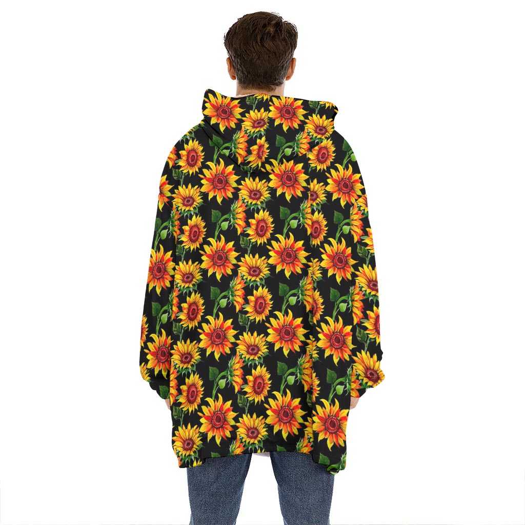 Black Autumn Sunflower Pattern Print Hoodie Blanket