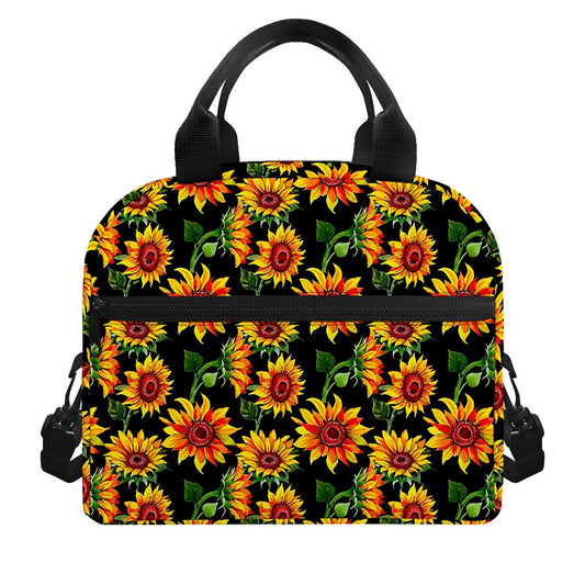 Black Autumn Sunflower Pattern Print Insulated Lunch Bag