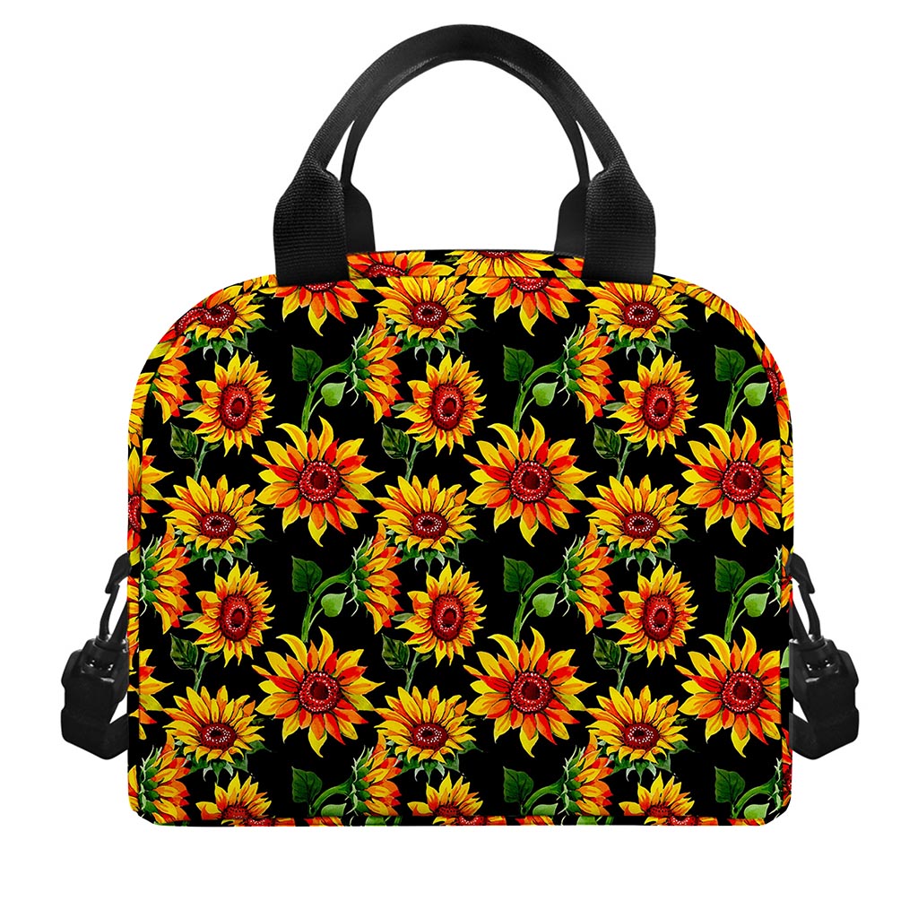 Black Autumn Sunflower Pattern Print Insulated Lunch Bag