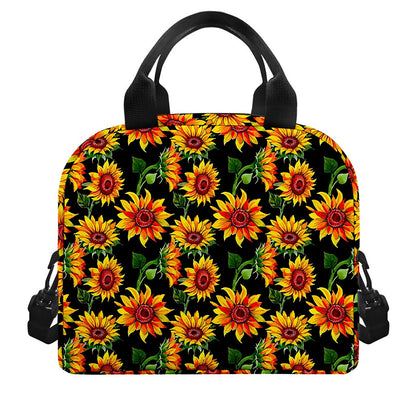 Black Autumn Sunflower Pattern Print Insulated Lunch Bag
