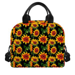 Black Autumn Sunflower Pattern Print Insulated Lunch Bag