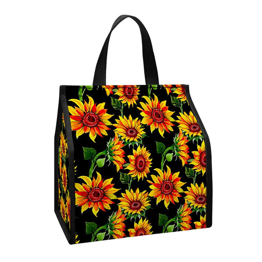 Black Autumn Sunflower Pattern Print Insulated Lunch Tote