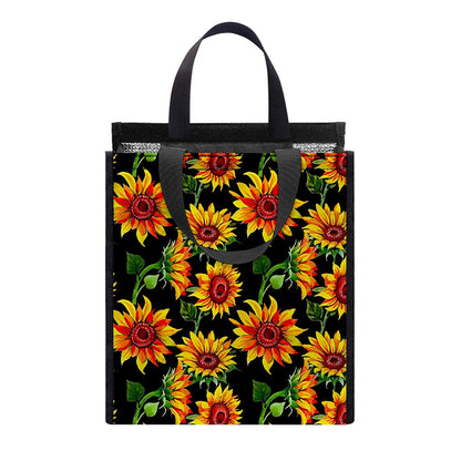 Black Autumn Sunflower Pattern Print Insulated Lunch Tote