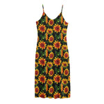 Black Autumn Sunflower Pattern Print Jersey Midi Cami Dress