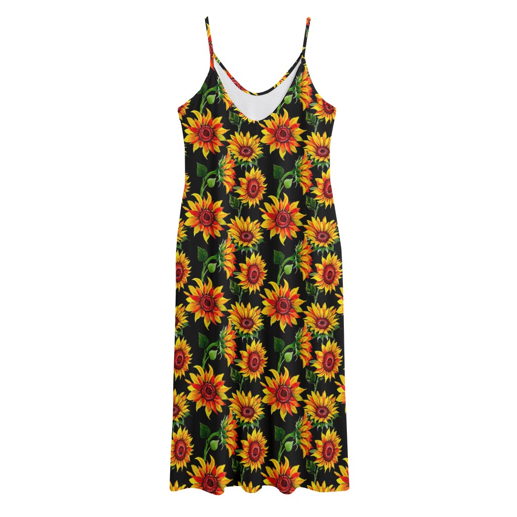 Black Autumn Sunflower Pattern Print Jersey Midi Cami Dress