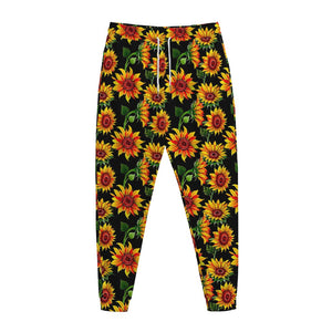 Black Autumn Sunflower Pattern Print Jogger Pants