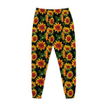 Black Autumn Sunflower Pattern Print Jogger Pants