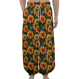 Black Autumn Sunflower Pattern Print Lantern Pants