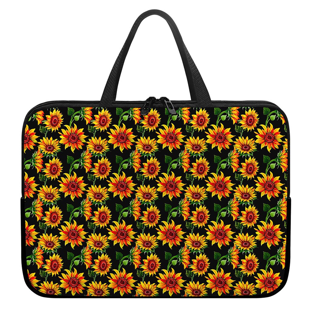 Black Autumn Sunflower Pattern Print Laptop Sleeve With Handle