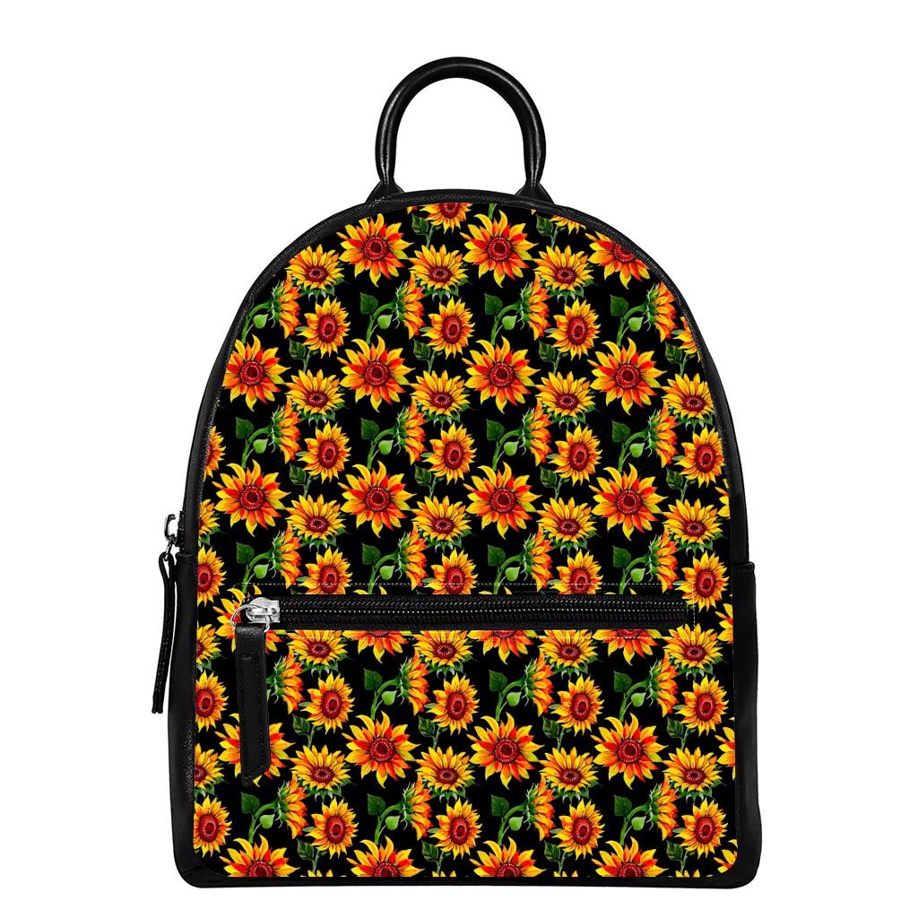 Black Autumn Sunflower Pattern Print Leather Backpack