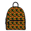 Black Autumn Sunflower Pattern Print Leather Backpack