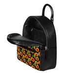 Black Autumn Sunflower Pattern Print Leather Backpack