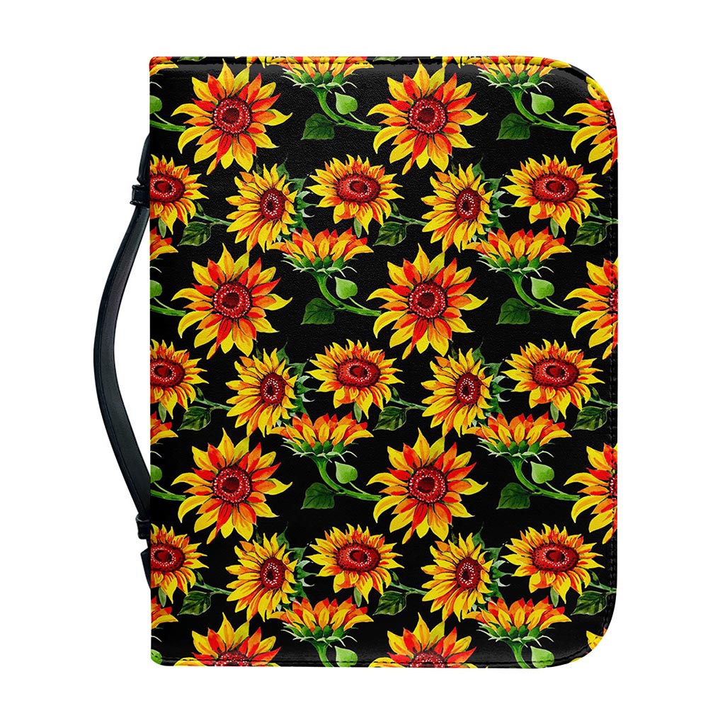 Black Autumn Sunflower Pattern Print Leather Bible Cover