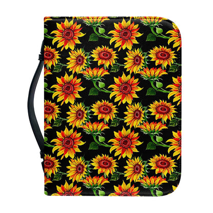 Black Autumn Sunflower Pattern Print Leather Bible Cover