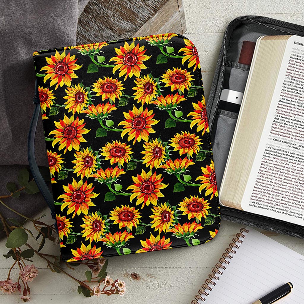 Black Autumn Sunflower Pattern Print Leather Bible Cover