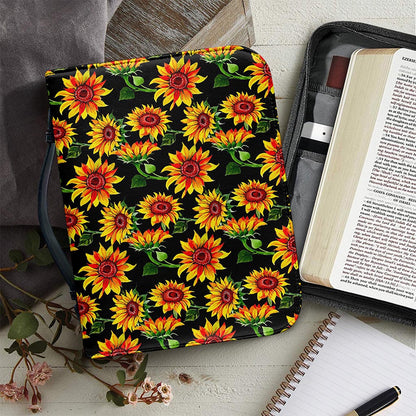Black Autumn Sunflower Pattern Print Leather Bible Cover