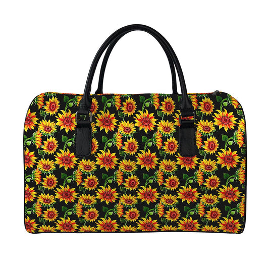 Black Autumn Sunflower Pattern Print Leather Duffle Bag