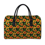 Black Autumn Sunflower Pattern Print Leather Duffle Bag