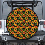 Black Autumn Sunflower Pattern Print Leather Spare Tire Cover