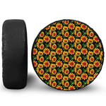 Black Autumn Sunflower Pattern Print Leather Spare Tire Cover