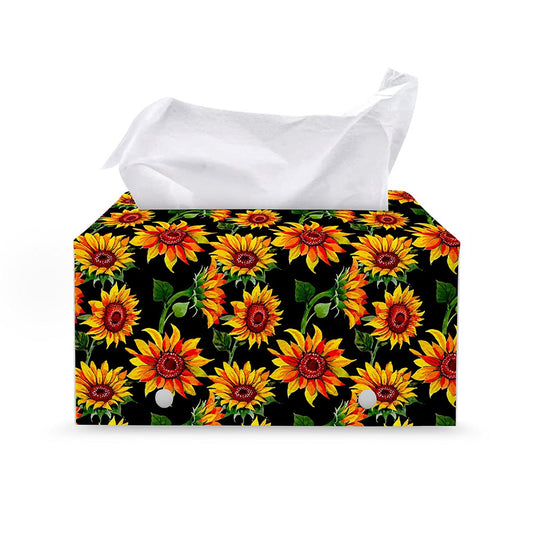 Black Autumn Sunflower Pattern Print Leather Tissue Box Cover