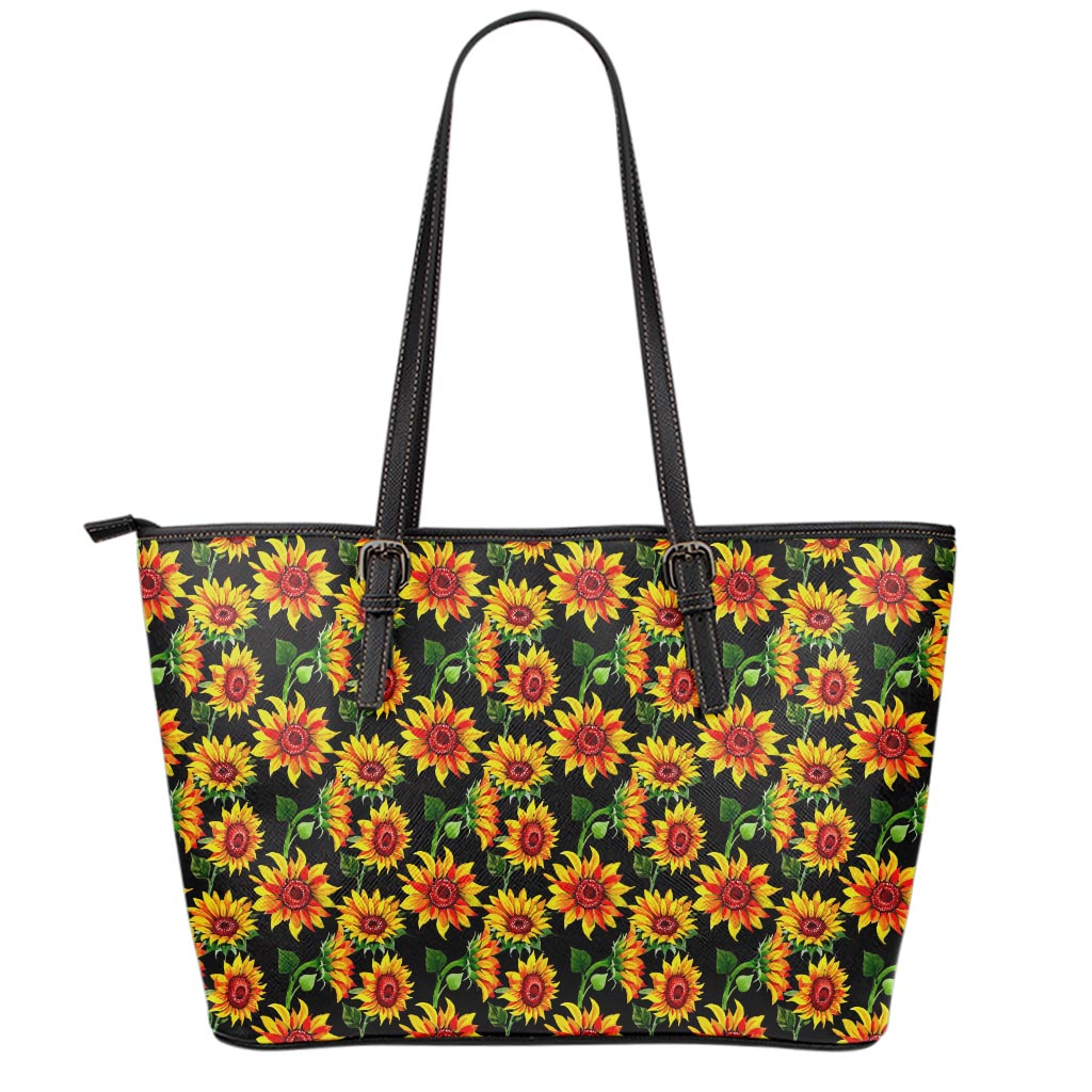 Black Autumn Sunflower Pattern Print Leather Tote Bag