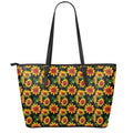 Black Autumn Sunflower Pattern Print Leather Tote Bag With Zipper