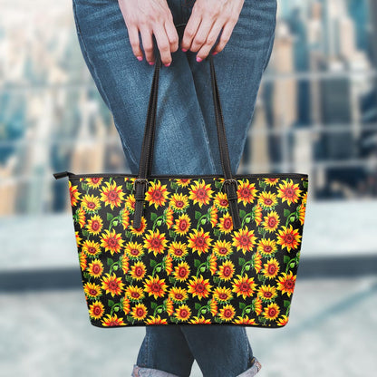Black Autumn Sunflower Pattern Print Leather Tote Bag