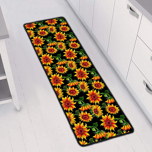 Black Autumn Sunflower Pattern Print Long Kitchen Mat
