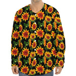 Black Autumn Sunflower Pattern Print Long Sleeve Baseball Jersey