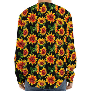 Black Autumn Sunflower Pattern Print Long Sleeve Baseball Jersey