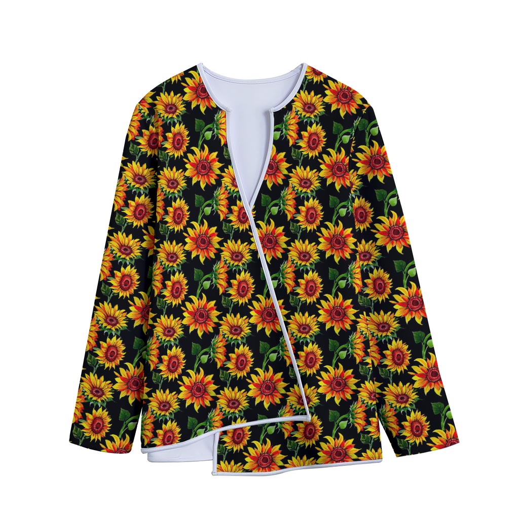 Black Autumn Sunflower Pattern Print Long Sleeve Short Coat