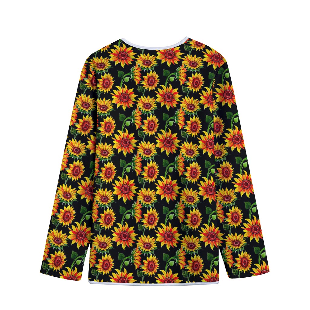 Black Autumn Sunflower Pattern Print Long Sleeve Short Coat