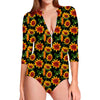 Black Autumn Sunflower Pattern Print Long Sleeve Swimsuit