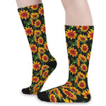 Black Autumn Sunflower Pattern Print Long Socks