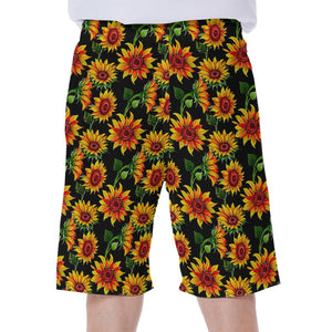 Black Autumn Sunflower Pattern Print Men's Beach Shorts