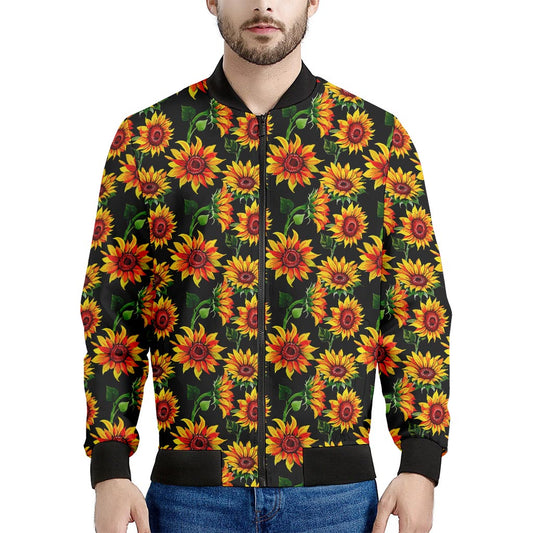 Black Autumn Sunflower Pattern Print Men's Bomber Jacket