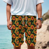 Black Autumn Sunflower Pattern Print Men's Cargo Shorts