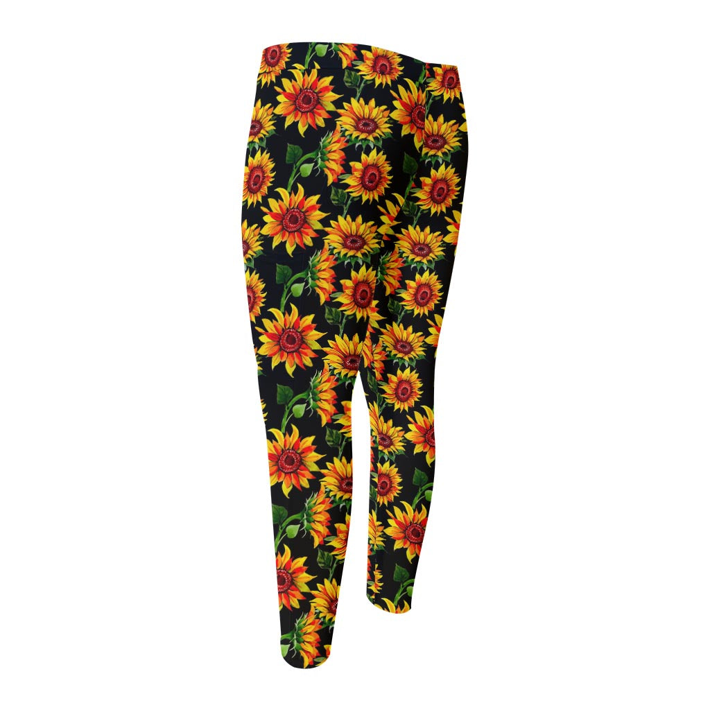 Black Autumn Sunflower Pattern Print Men's Compression Pants